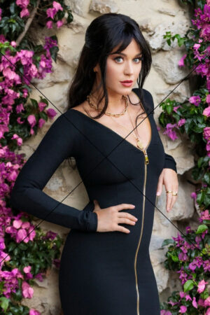 Katy Perry in Elegant Black Zip Dress – Floral Backdrop Portrait Print 6"x4"