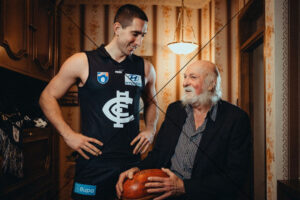 Carlton Defender Jacob Weitering and Bruce Doull Share a Smile Photo Print 6" x 4"