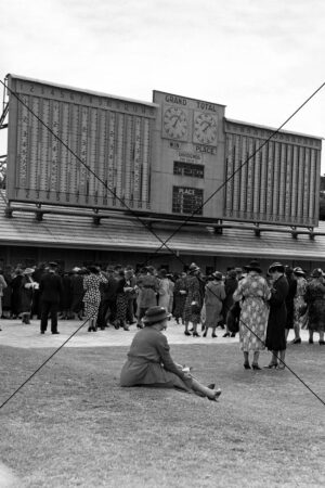 Woman Sitting on Grass Under Tote Board Melbourne Cup 1936 Photo Print 6" x 4"