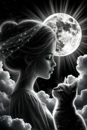 Girl And Cat Under Moonlight - Fantasy Portrait 6" x 4" Photo Print