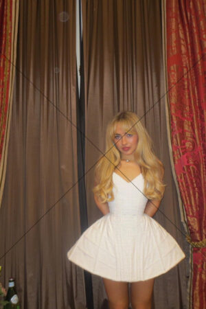 Sabrina Carpenter White Mini Dress Hotel Curtain Pose 6" x 4" Photo Print