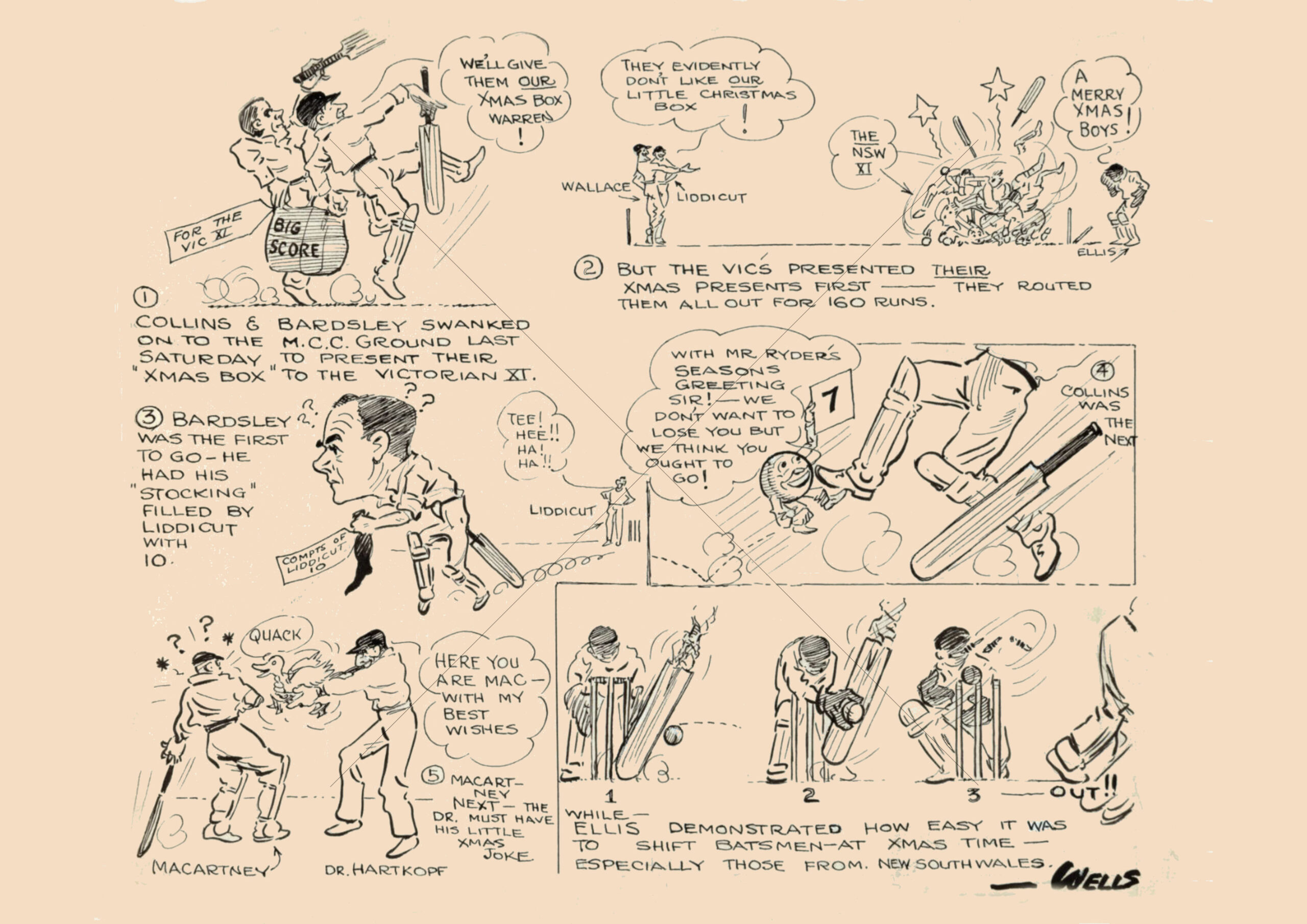 Collins Bardsley Christmas Box Cricket Cartoon A3 Poster Print