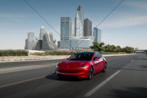 Tesla Model 3 Performance Red City Skyline 6" x 4" Photo Print