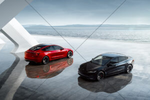 Tesla Model 3 Performance pair by waterfront 6" x 4" Photo Print