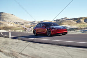 Tesla Model 3 Performance red on mountain road 6" x 4" Photo Print