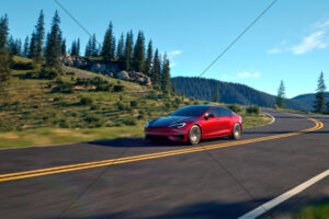 Tesla Model S Gliding Along Pine Highway 6" x 4" Photo Print