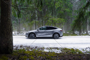 Tesla Model Y Side View Winter Forest 6" x 4" Photo Print
