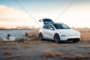 Tesla Model Y White Lakeside Adventure Scene 6" x 4" Photo Print