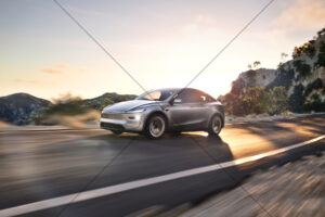 Tesla Model Y Silver Sunset Motion Blur 6" x 4" Photo Print