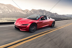 Tesla Roadster Red With Driver On Highway 6" x 4" Photo Print
