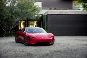 Tesla Roadster Red Parked At Modern Home 6" x 4" Photo Print