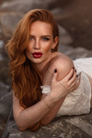 Redhead Model Posing On Rocks In White Lace Top 6" x 4" Photo Print