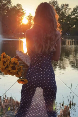 Woman With Sunflowers By Lake In Blue Polka Dot Dress 6" x 4" Photo Print
