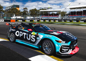Chaz Mostert Optus Mustang Cornering at Adelaide Street Circuit A4 Poster Print