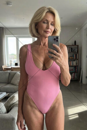 Mature Woman Pink Swimsuit Mirror Portrait 6x4 Photo Print