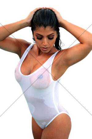 Portrait Of Woman In Wet White Swimsuit Head Back 6x4 Photo Print