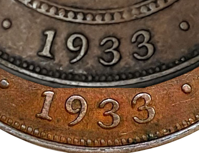 1933 penny normal date compared with 1933/32 overdate