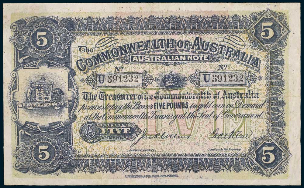 1913 Australian Five Pounds Collins Allen obverse
