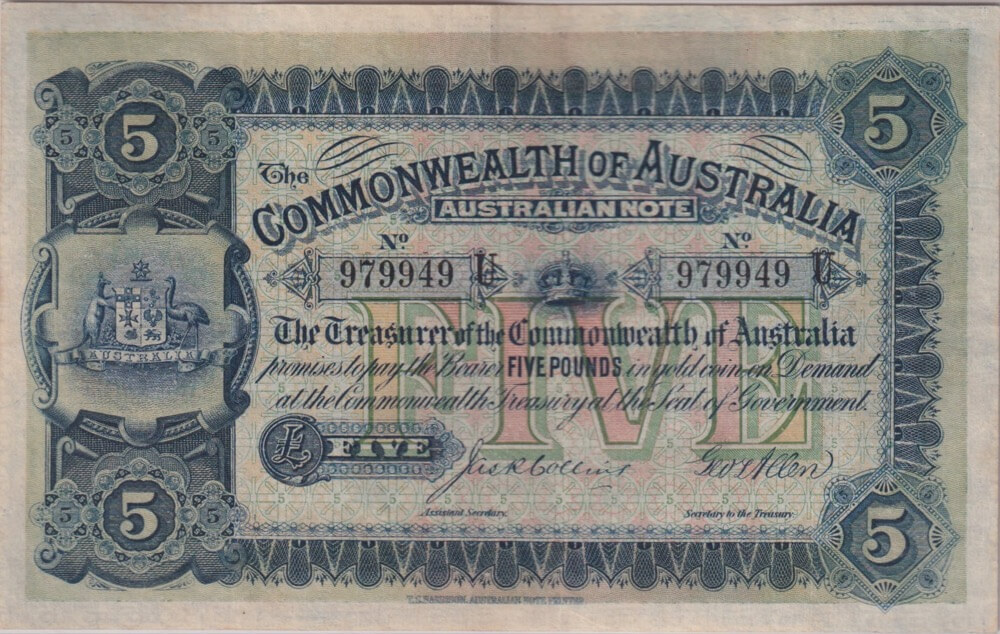 1916 Australian Five Pounds Collins Allen obverse