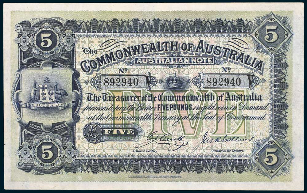 1918 Australian Five Pounds Cerutty Collins obverse