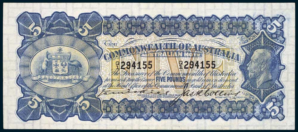 1924 Australian Five Pounds Kell Collins obverse