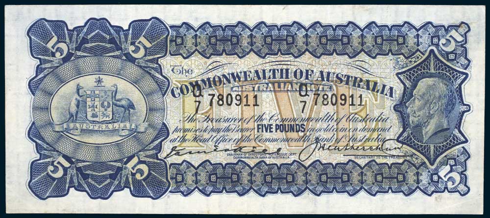1927 Australian Five Pounds Kell Heathershaw Note Issue Department obverse