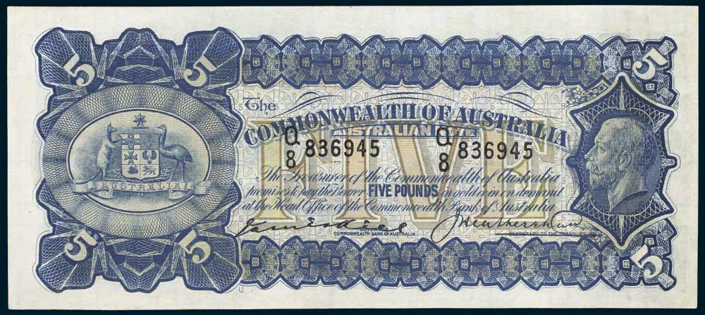 1927 Australian Five Pounds Kell Heathershaw Commonwealth Bank obverse