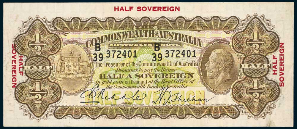 1933 Australian Ten Shillings Riddle Sheehan thin signatures obverse