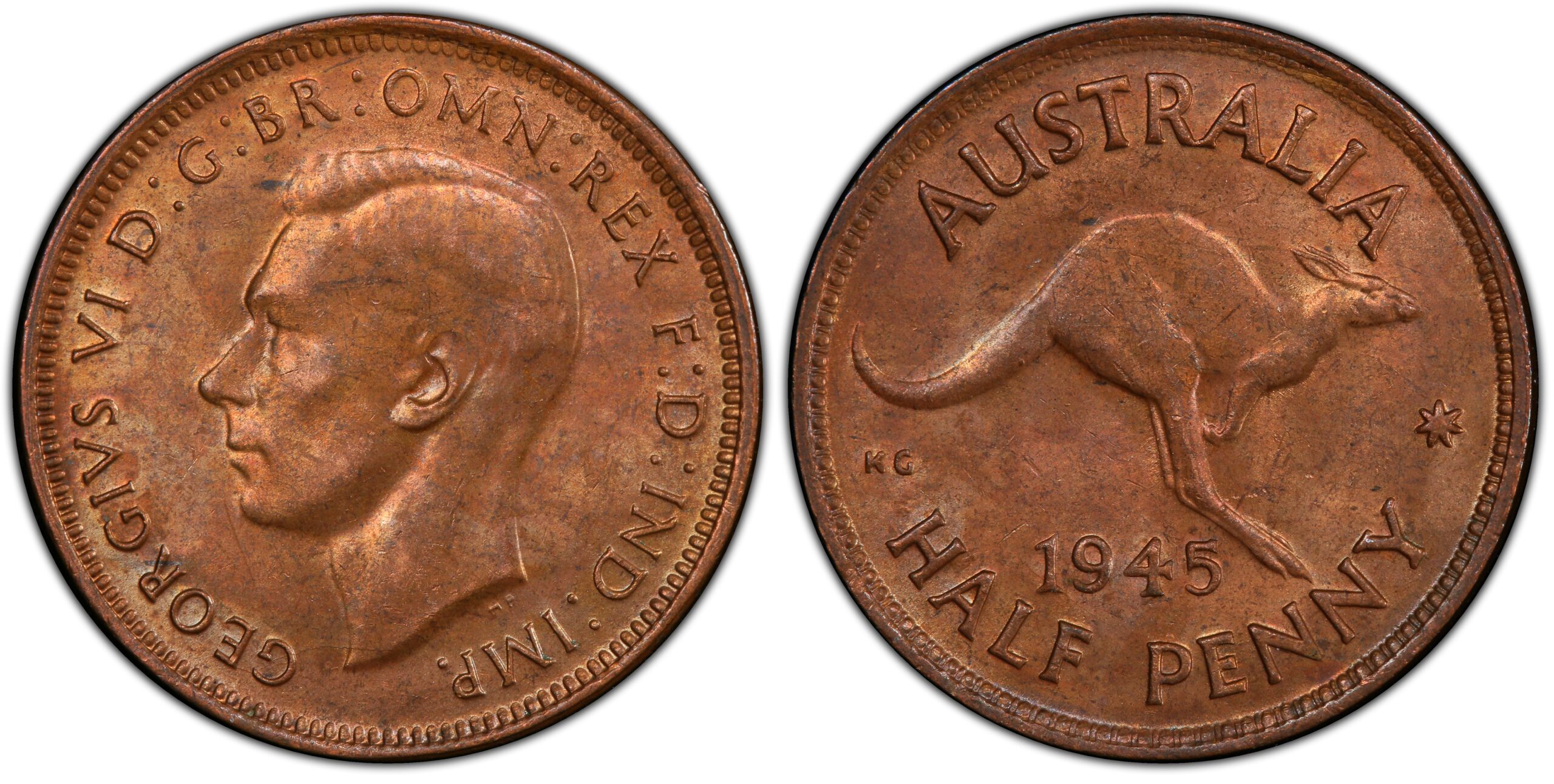 1945P Australian Halfpenny - no dot obverse and reverse