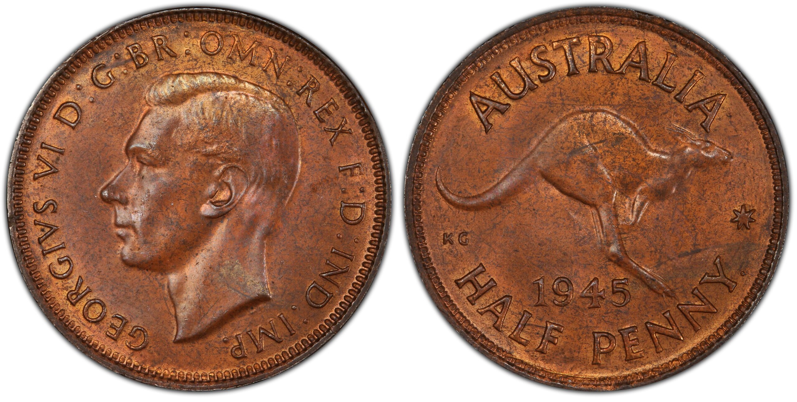 1945P. Australian Halfpenny - dot after Y obverse and reverse