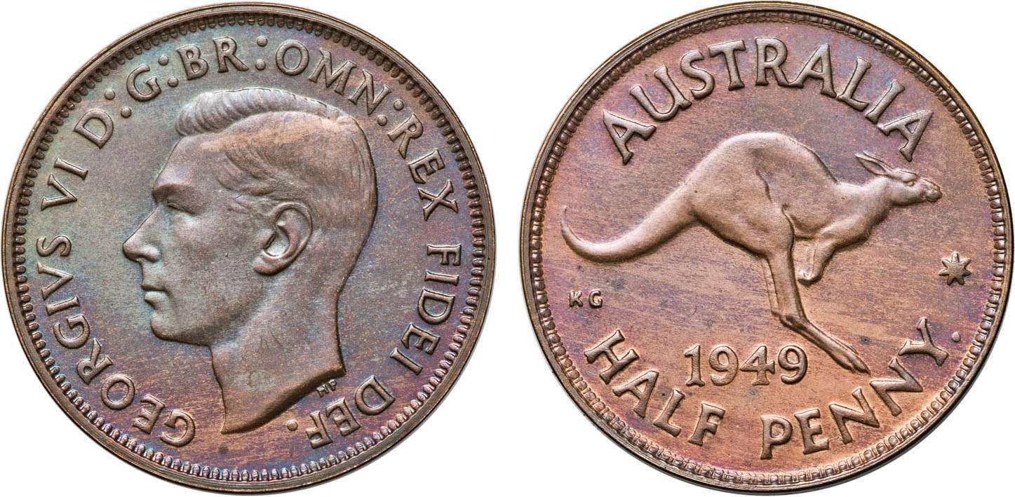 1949 Australian Halfpenny obverse and reverse
