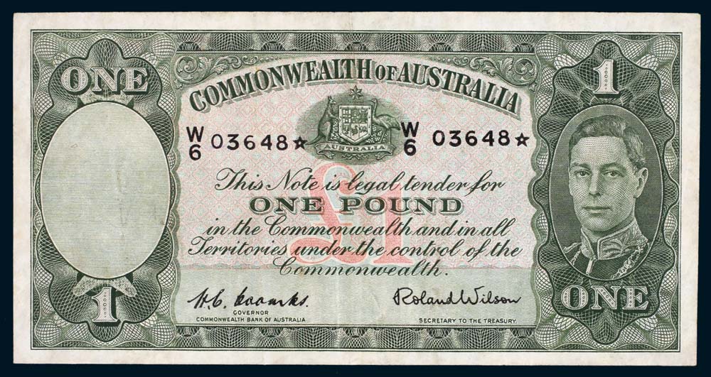 1952 Australian One Pound Coombs & Wilson star replacement note obverse