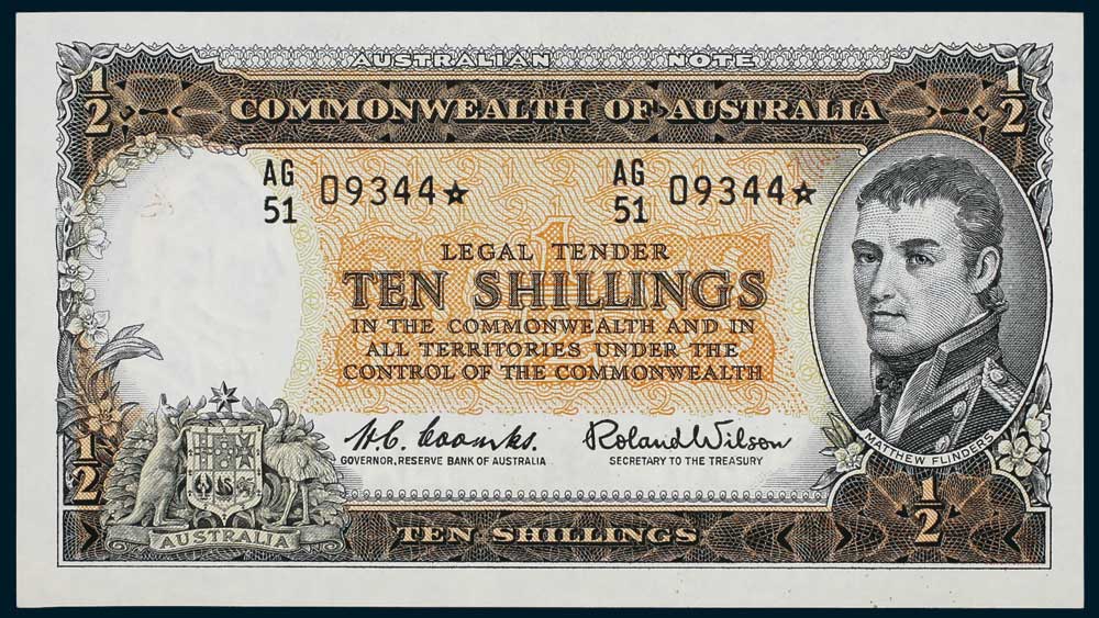 1961 Australian Ten Shillings Coombs Wilson star replacement note obverse