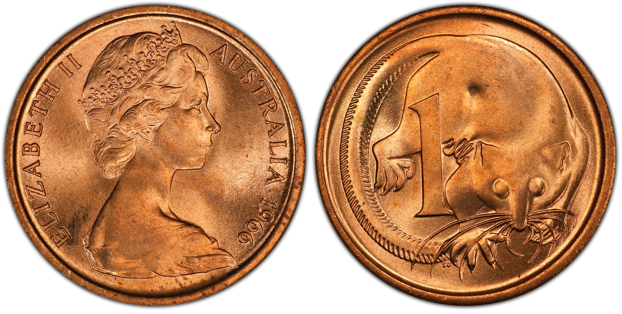 1966 1 Cent — Blunt first whisker obverse and reverse