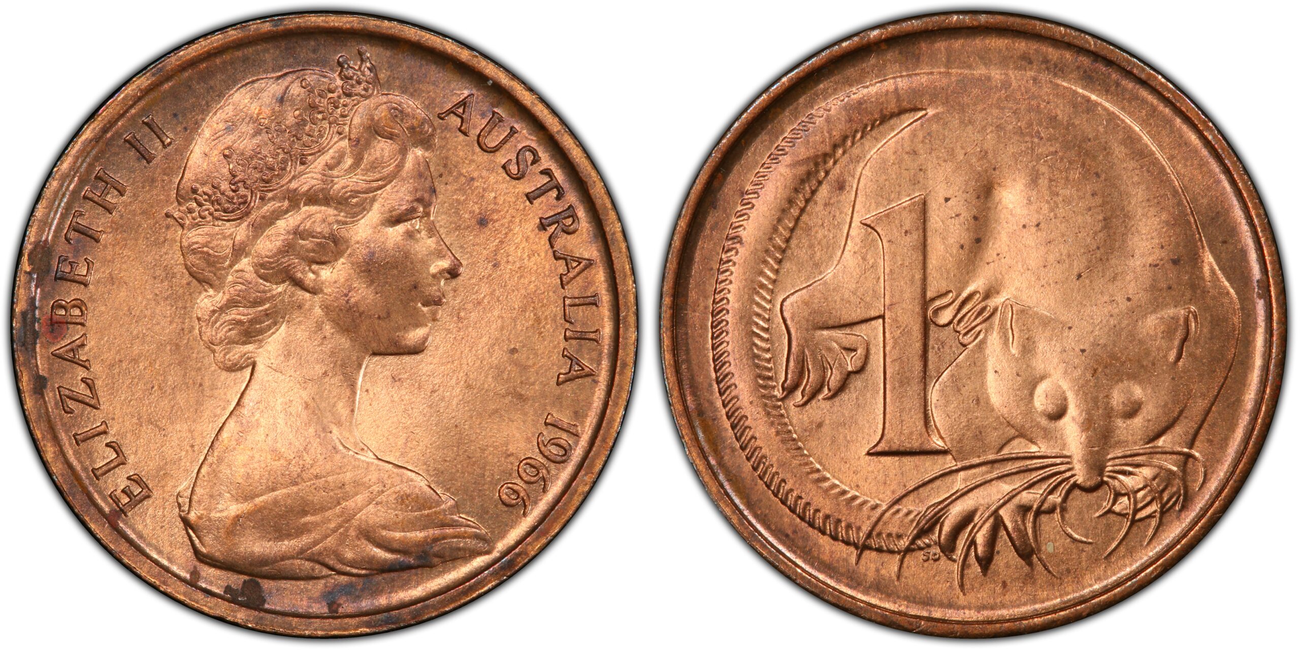 1966 1 Cent — Blunt second whisker obverse and reverse