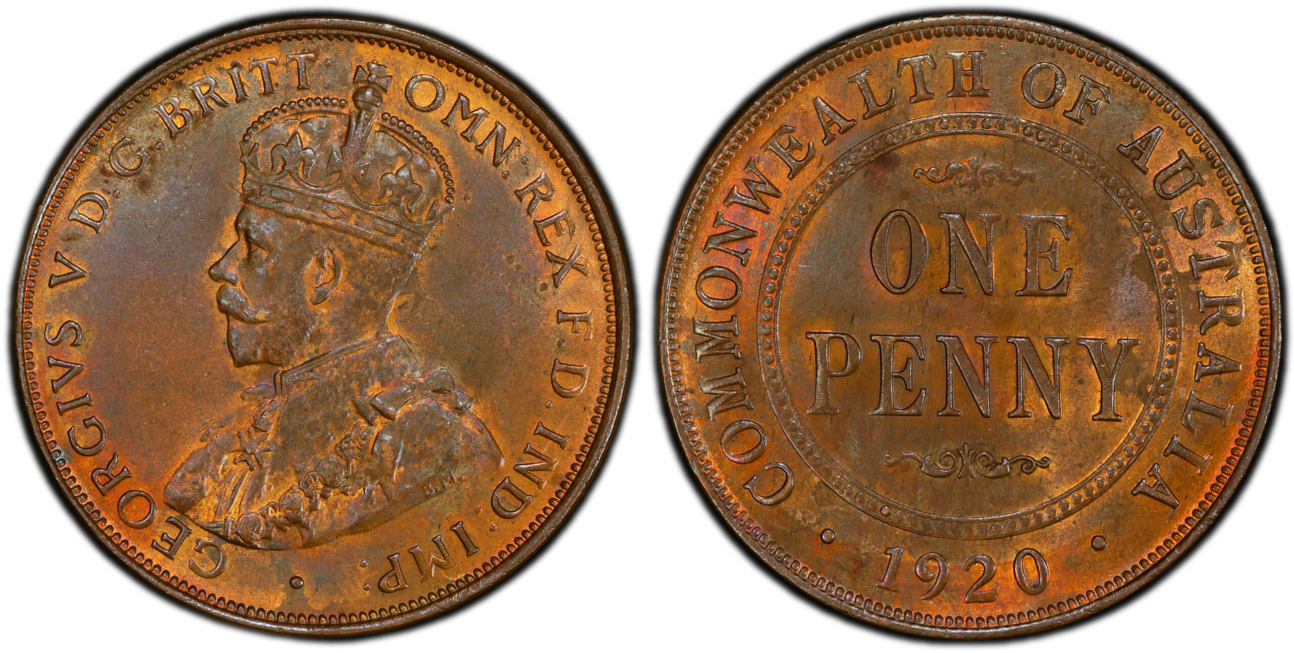 1920 - No Dots - 1C Australian Penny obverse and reverse