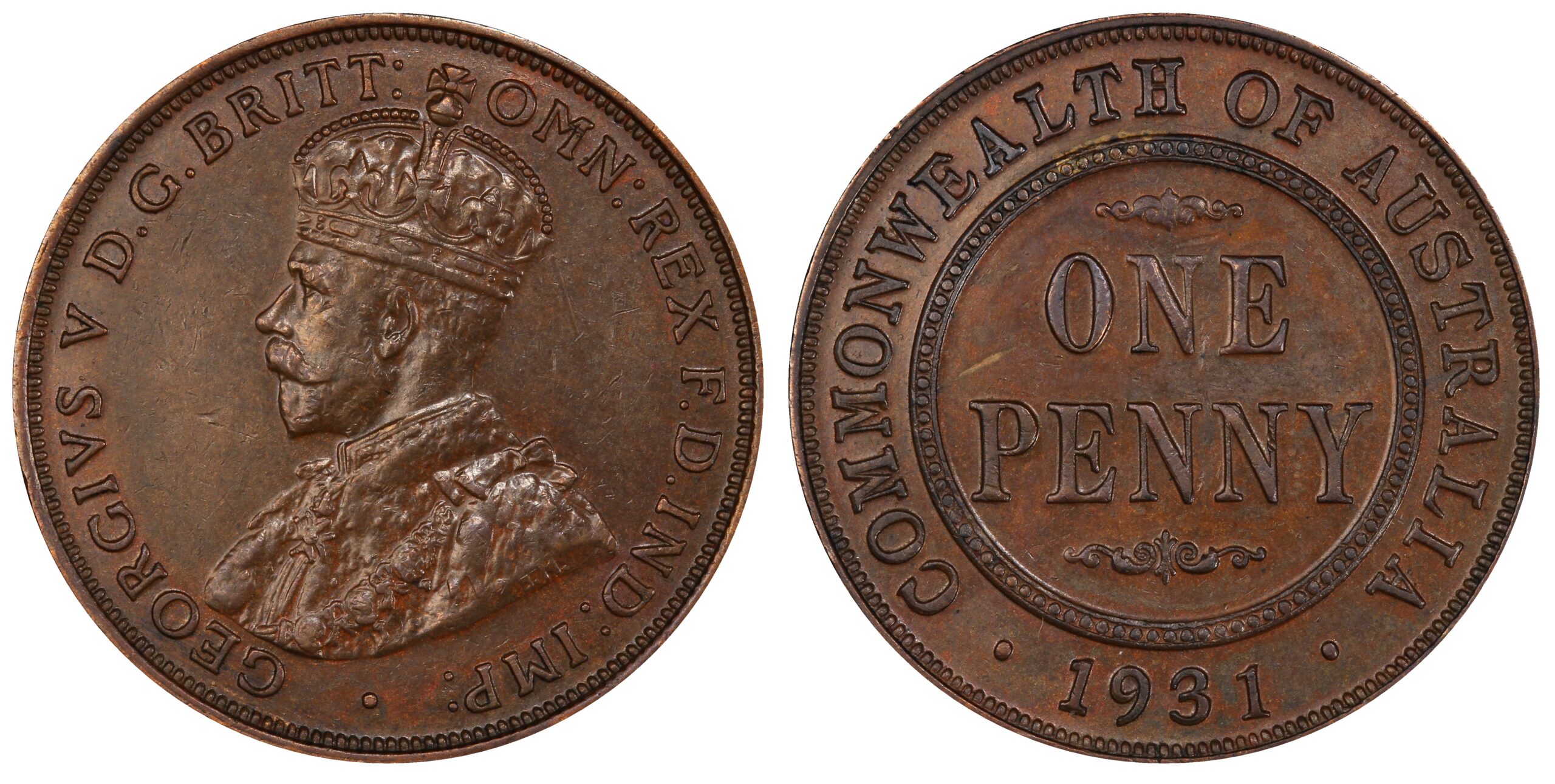 1931 - Indian Dropped 1 - 2A Australian Penny obverse and reverse