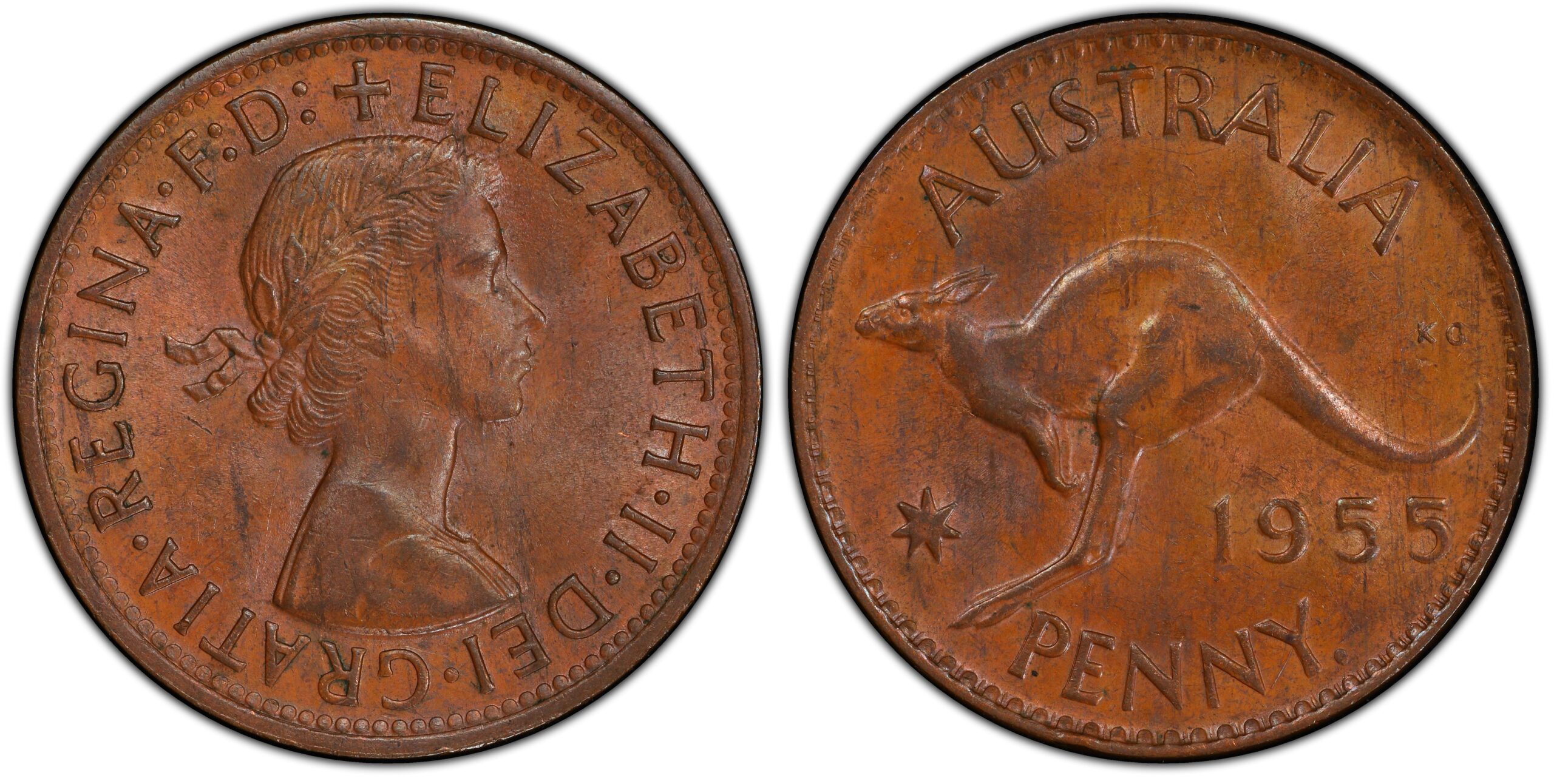 1955P - Y. - Wide Fives - 8G Australian Penny